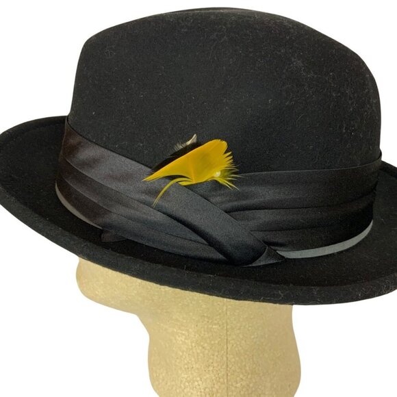 Stacy Adams Mens Black Wool Fedora Hat Satin Band Feather Accent Size XL - Picture 6 of 12